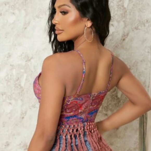 Shein Bohemian Paisley Floral Print Zipper Back Fringe Hem Cami Top L - Picture 3 of 5